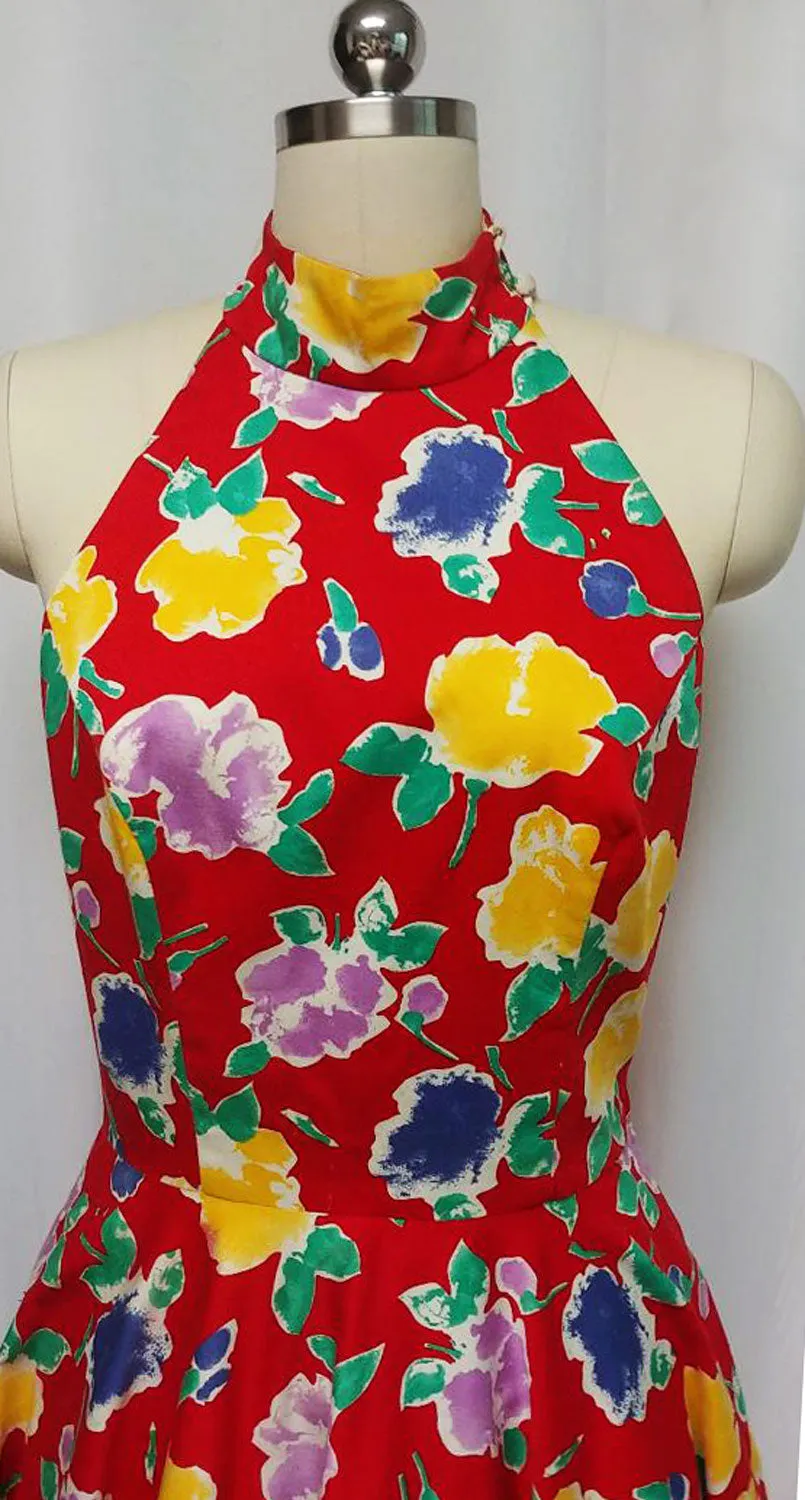 * VINTAGE '70s A. J. BARI  RED FLORAL HALTER DRESS WITH A “T” BACK & ATTACHED CRINOLINE