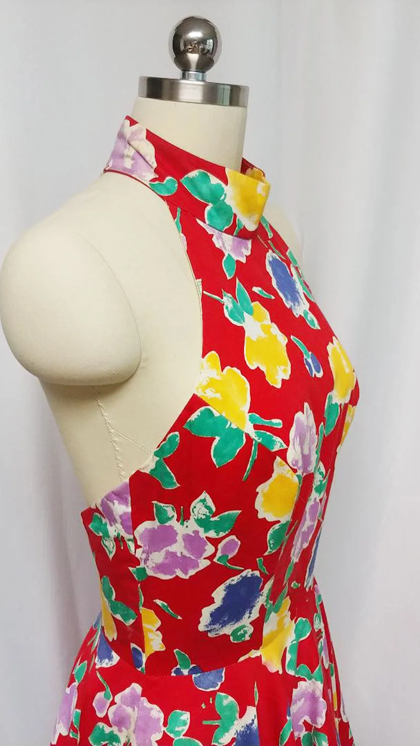 * VINTAGE '70s A. J. BARI  RED FLORAL HALTER DRESS WITH A “T” BACK & ATTACHED CRINOLINE