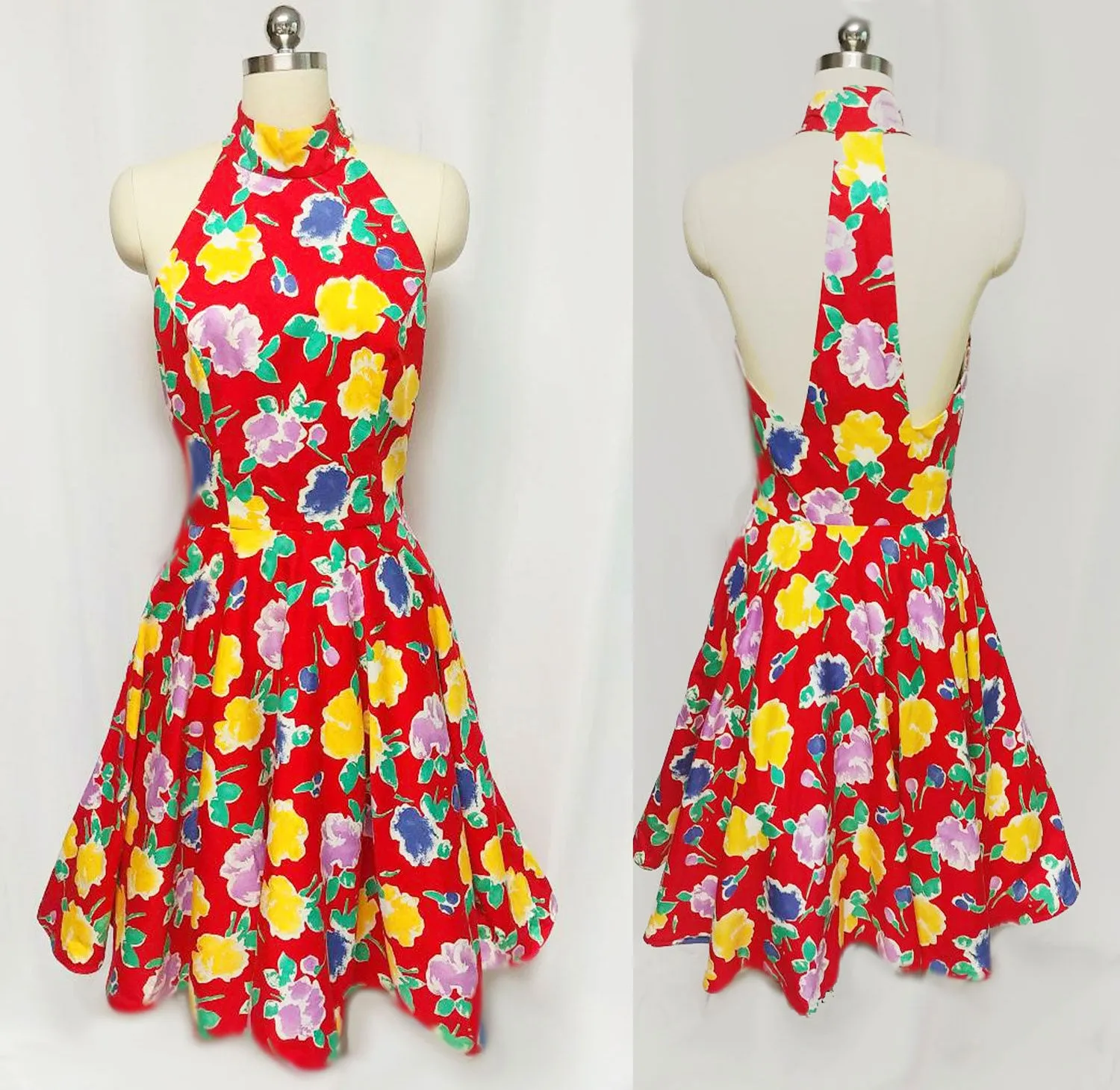 * VINTAGE '70s A. J. BARI  RED FLORAL HALTER DRESS WITH A “T” BACK & ATTACHED CRINOLINE