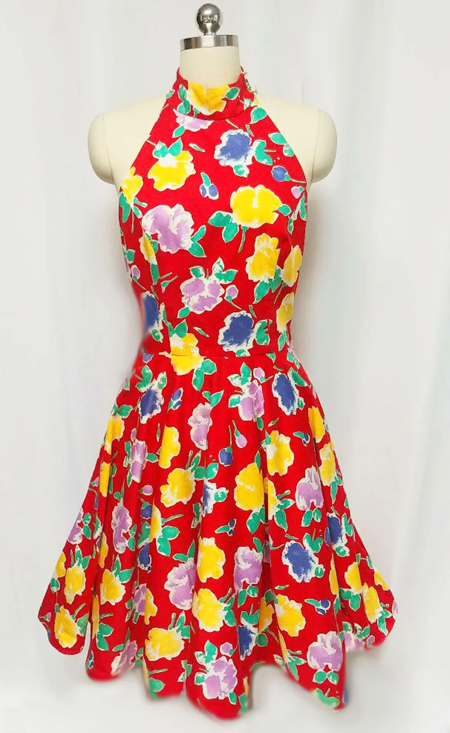 * VINTAGE '70s A. J. BARI  RED FLORAL HALTER DRESS WITH A “T” BACK & ATTACHED CRINOLINE