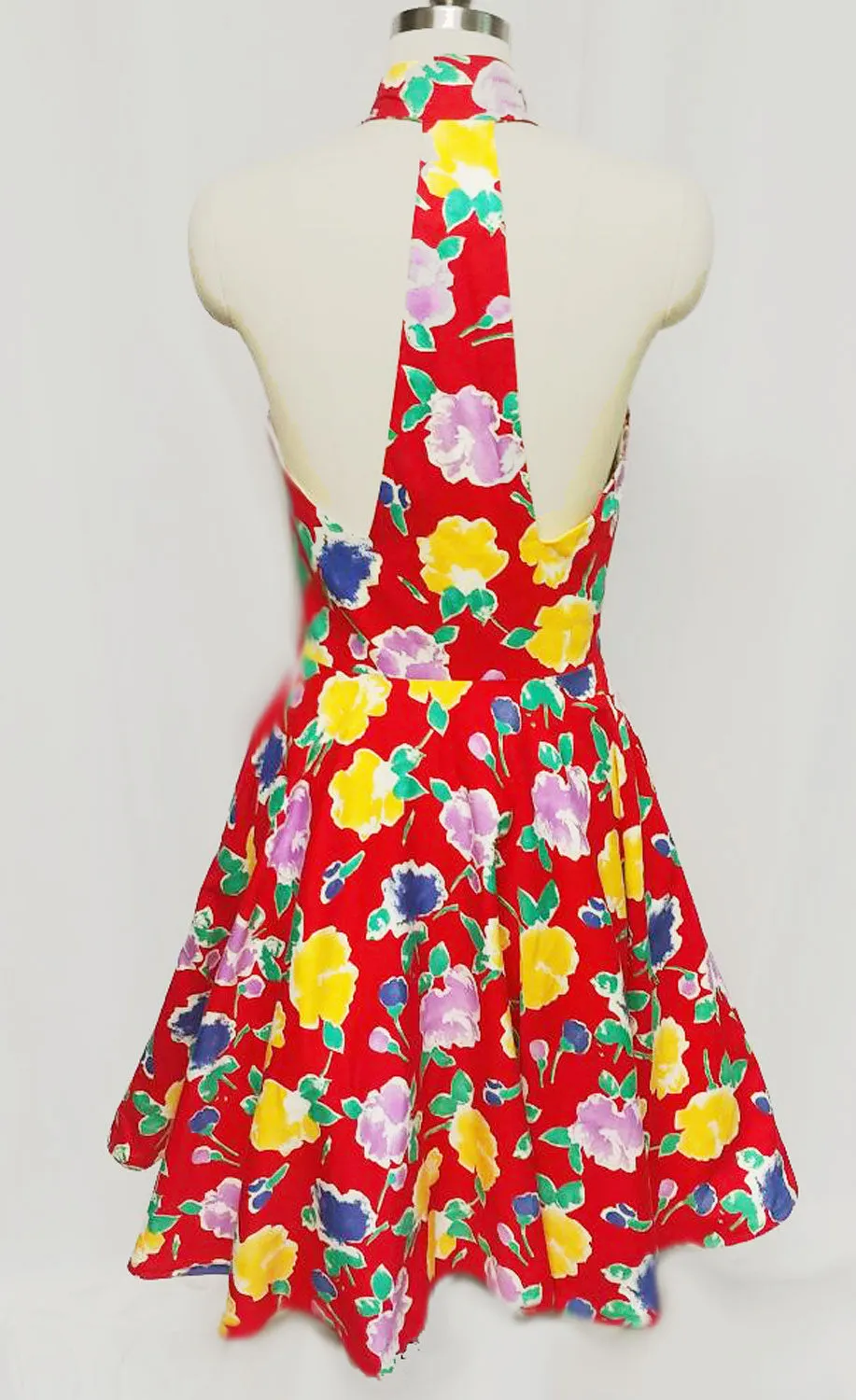 * VINTAGE '70s A. J. BARI  RED FLORAL HALTER DRESS WITH A “T” BACK & ATTACHED CRINOLINE