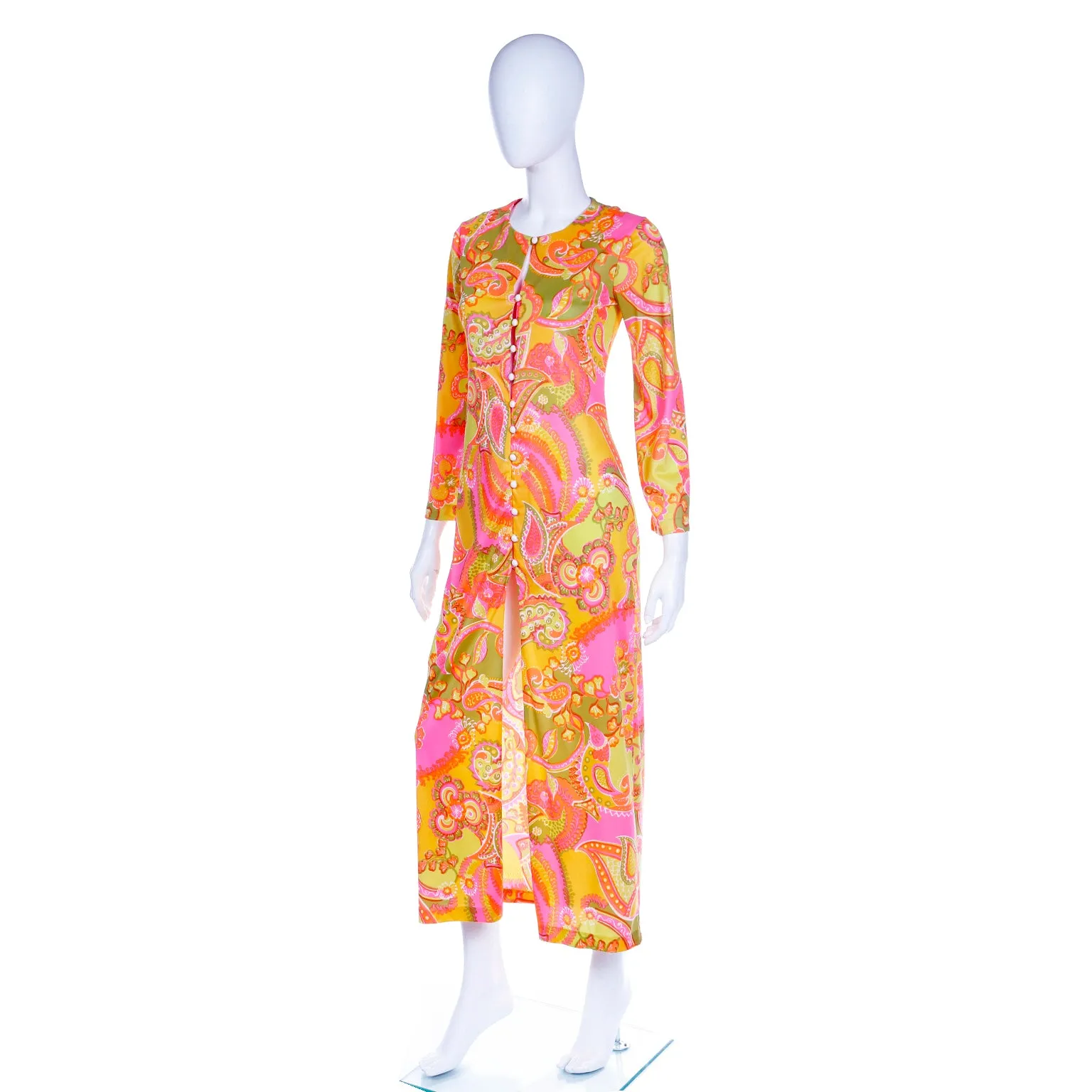 1960s Cole of California Mod Bold Pink Yellow & Green Floral Maxi Dress