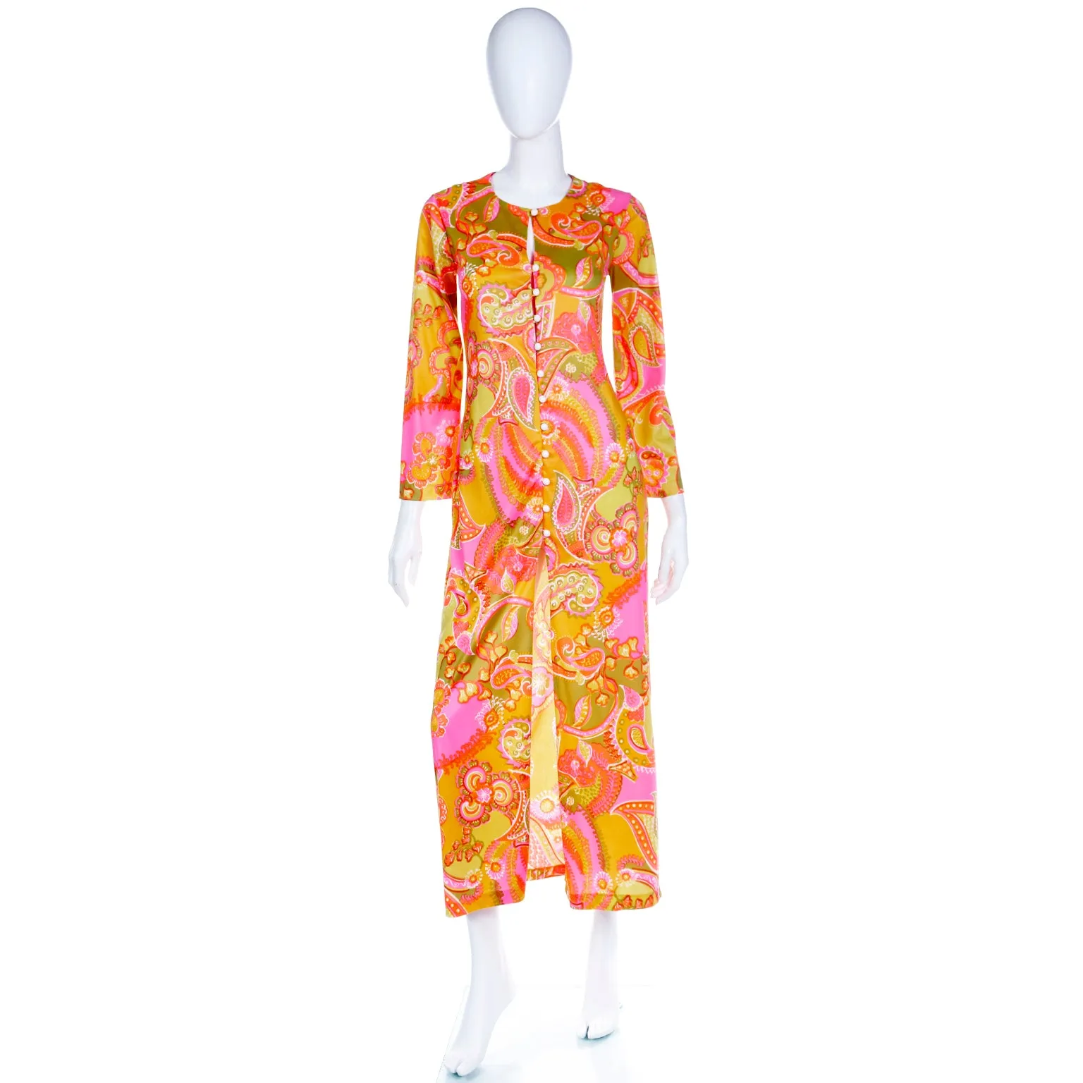 1960s Cole of California Mod Bold Pink Yellow & Green Floral Maxi Dress