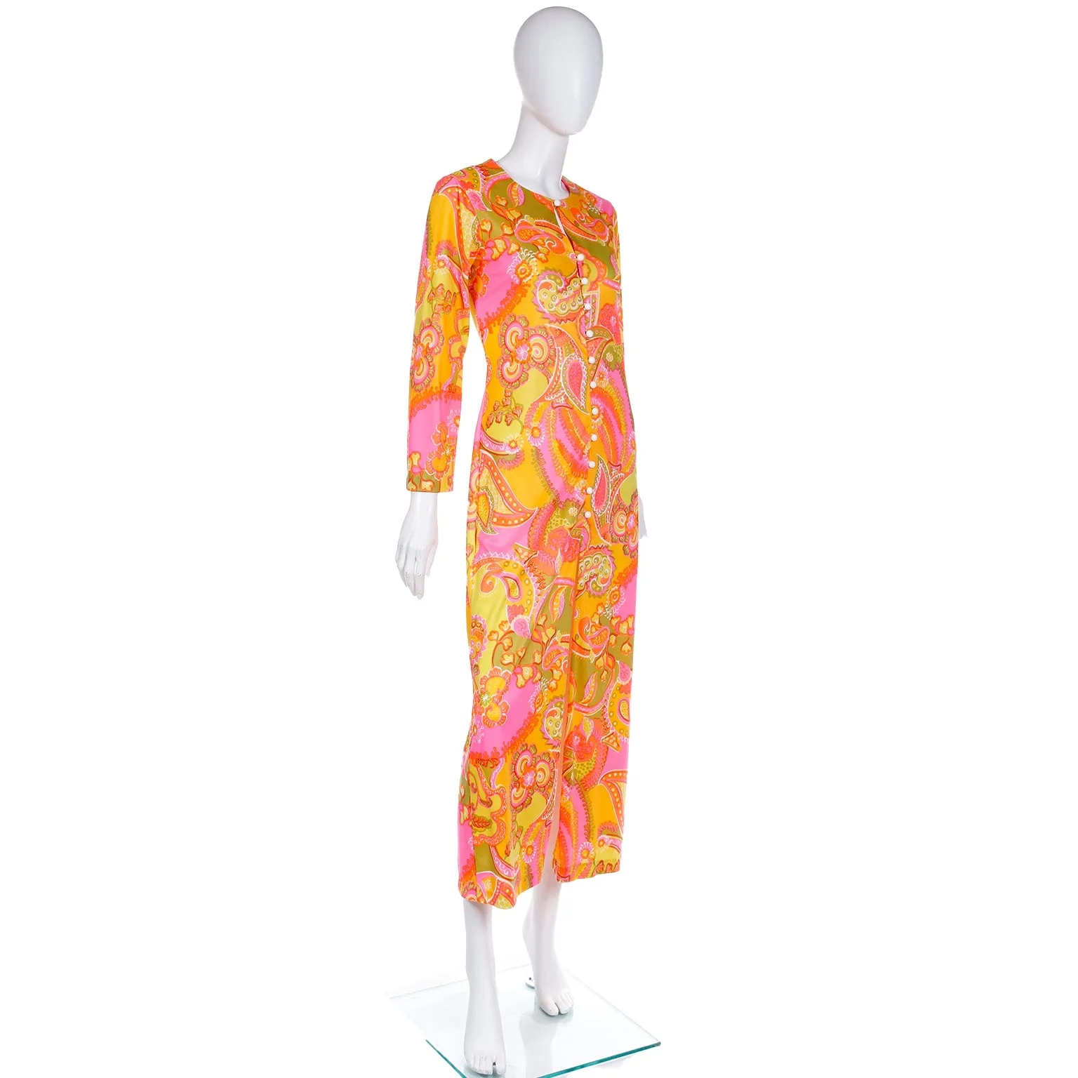 1960s Cole of California Mod Bold Pink Yellow & Green Floral Maxi Dress