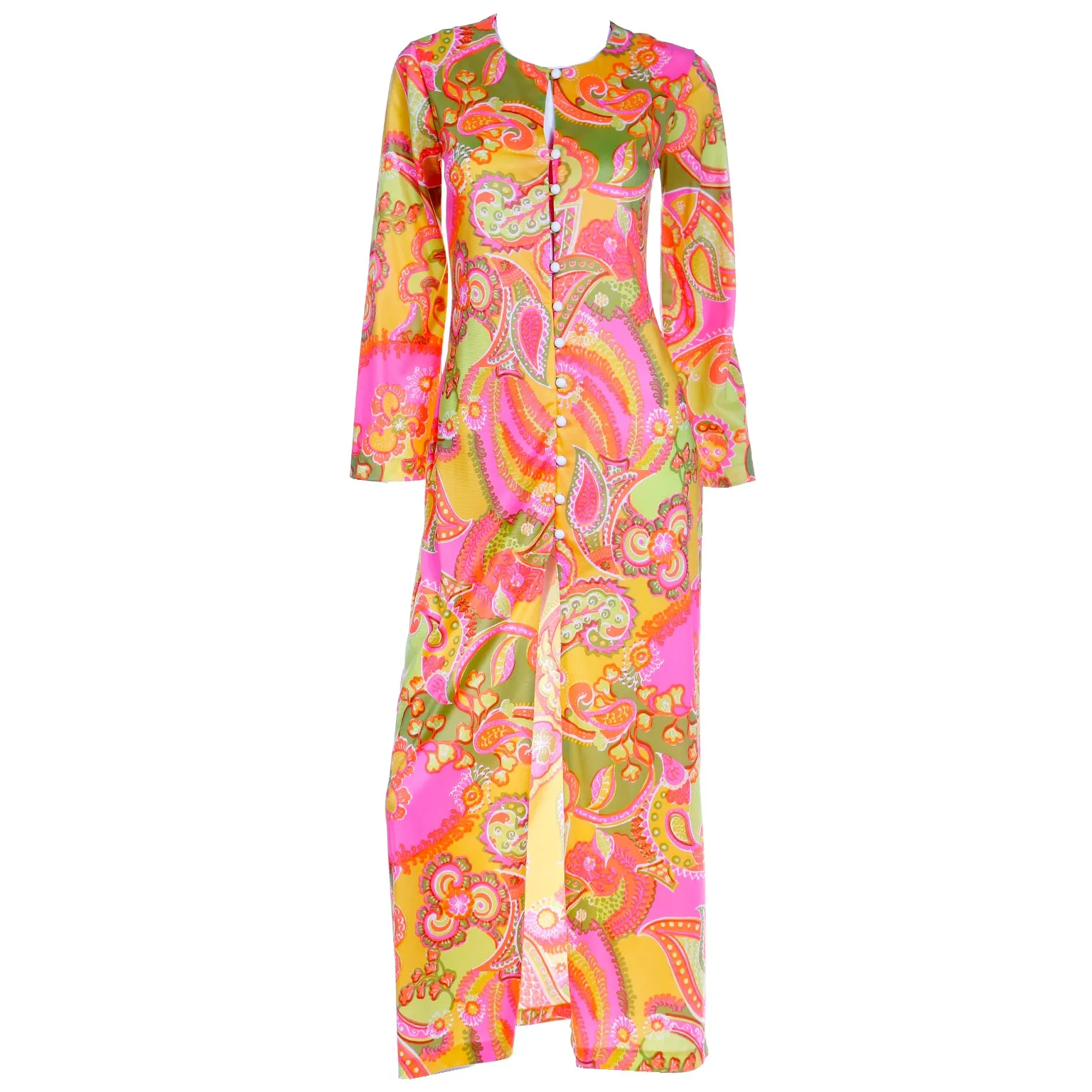 1960s Cole of California Mod Bold Pink Yellow & Green Floral Maxi Dress