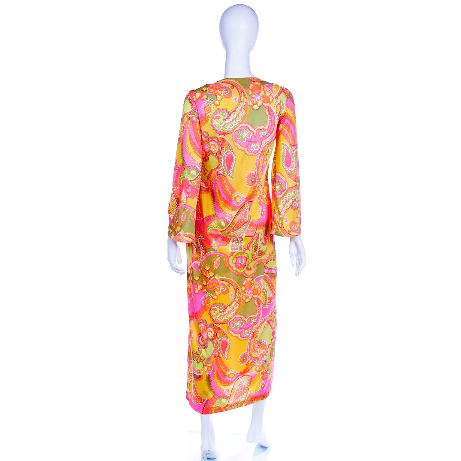 1960s Cole of California Mod Bold Pink Yellow & Green Floral Maxi Dress