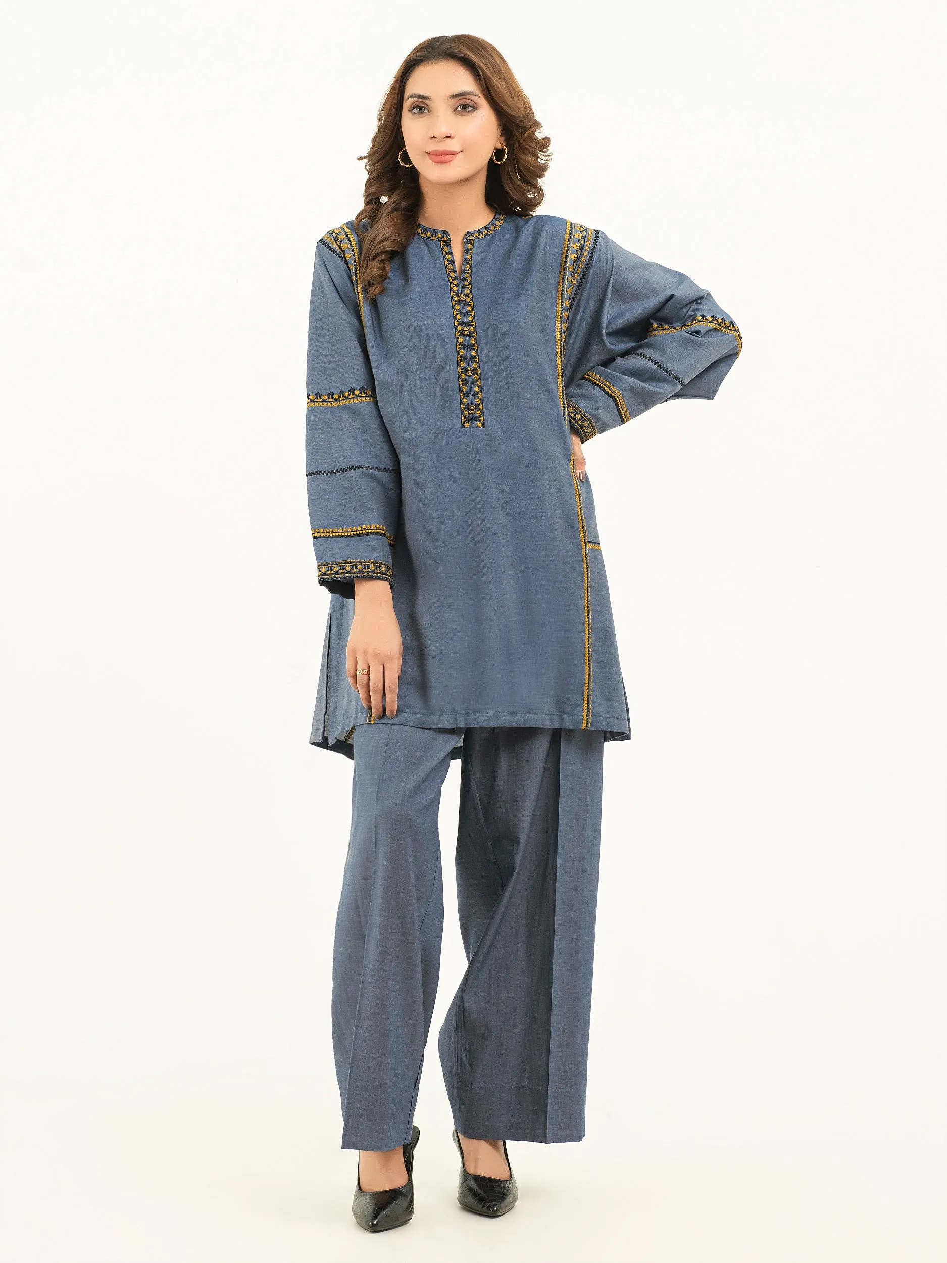 2 Piece Denim Suit-Embroidered (Pret)