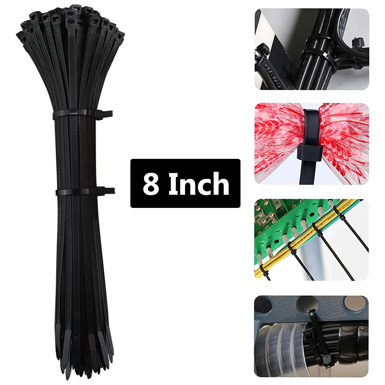 3140 8Inch Nylon Self Locking Cable Ties, Heavy Duty Strong Zip Wire Tie (200mm x 3.6mm - Pack of 100) - Black