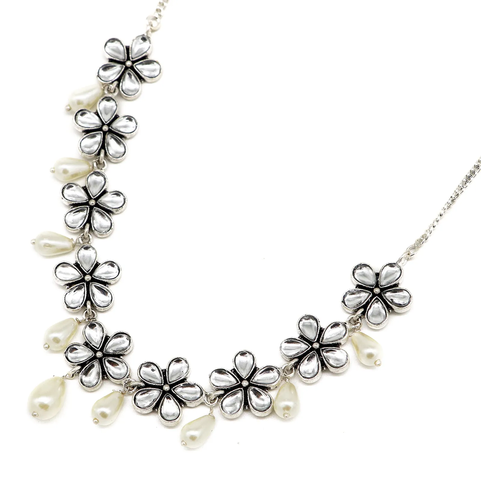 Abhita Floral Polki Silver Oxidized Necklace