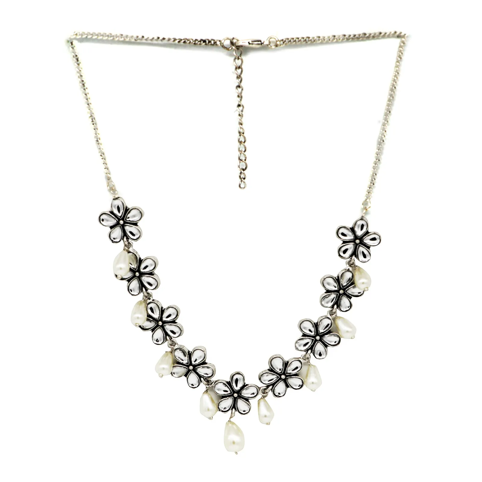 Abhita Floral Polki Silver Oxidized Necklace