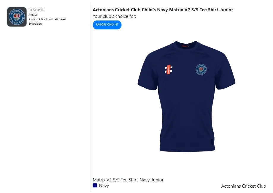 Actonians Cricket Club Child's Navy Matrix V2 S/S Tee Shirt-Junior