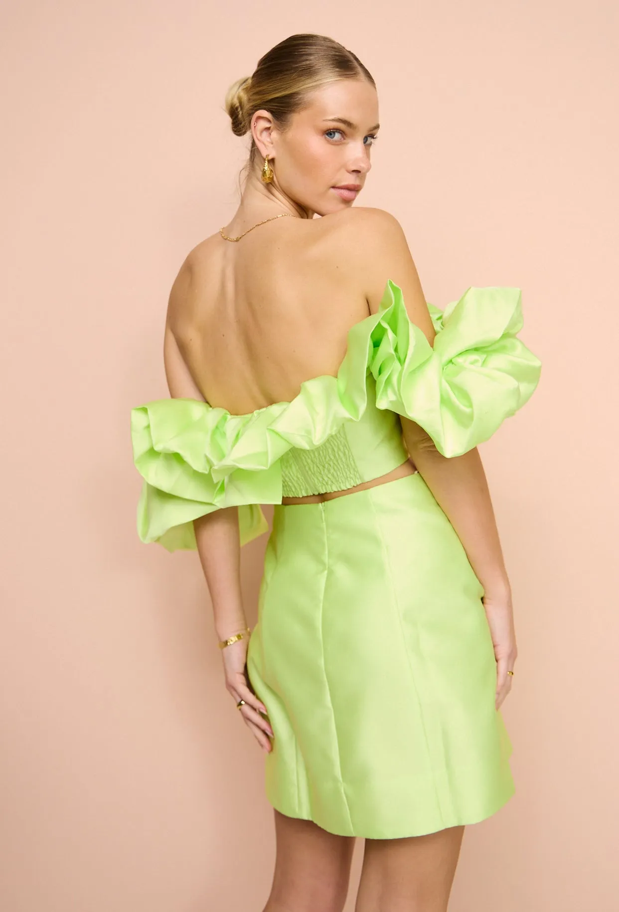 Alemais Suzi Off Shoulder Mini Dress in Chartreuse