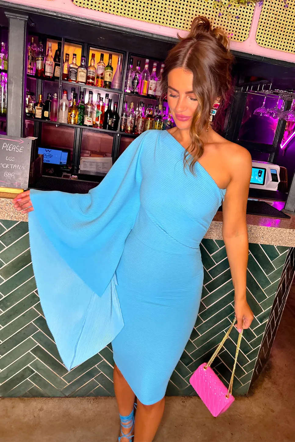 Am I The Drama? - Blue One Shoulder Cape Sleeve Midi Dress