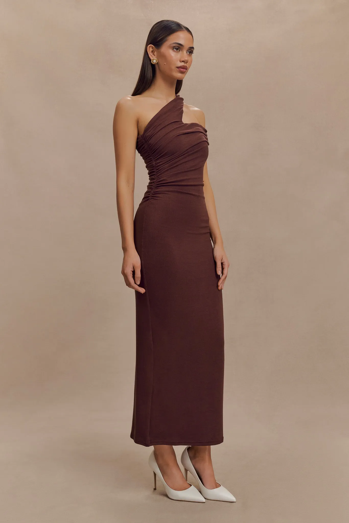 Anastasia One Shoulder Modal Midi Dress - Mahogany