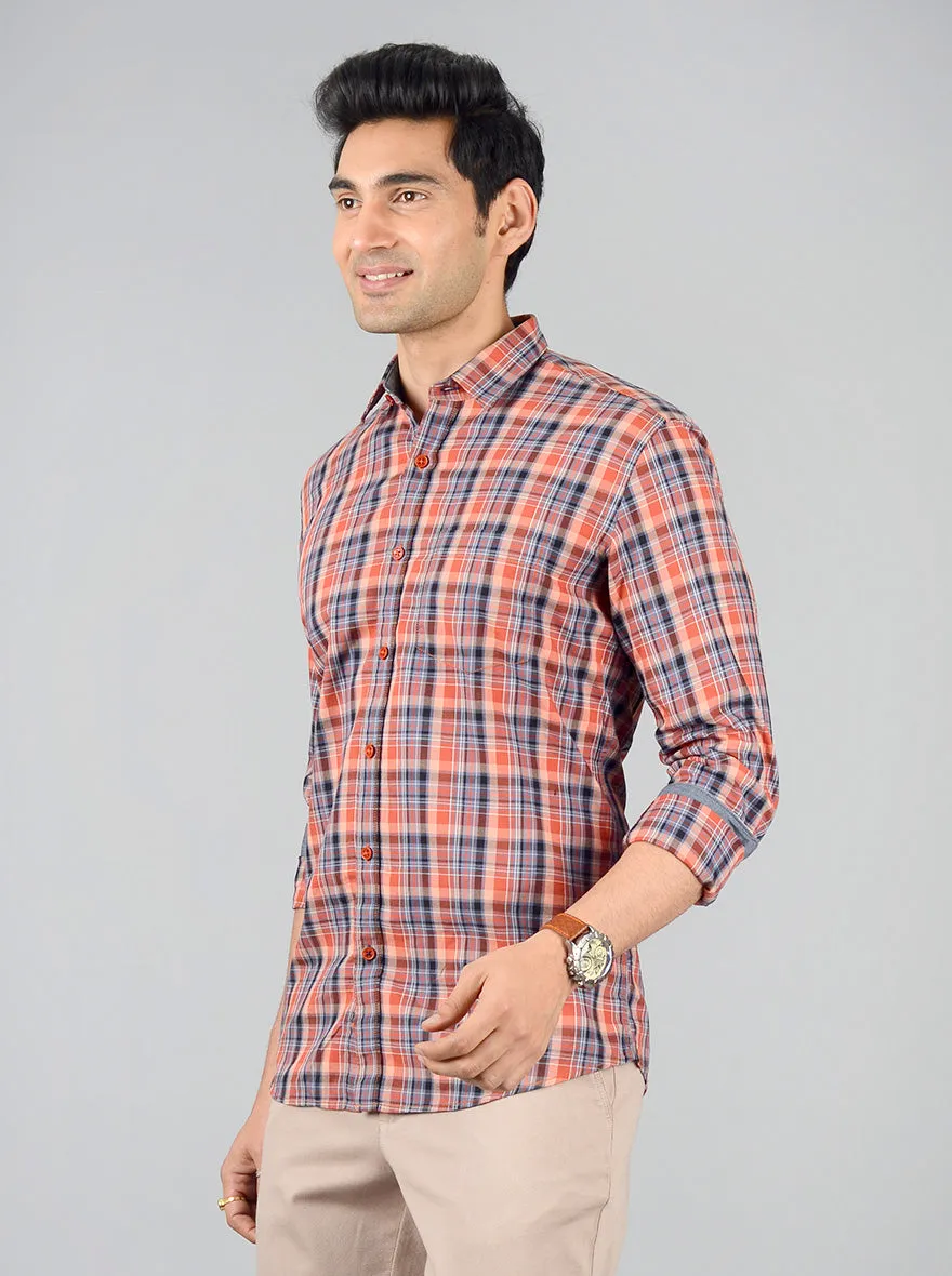 Apricot Orange Checked Slim Fit Casual Shirt | JadeBlue