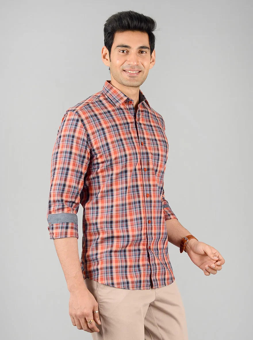 Apricot Orange Checked Slim Fit Casual Shirt | JadeBlue