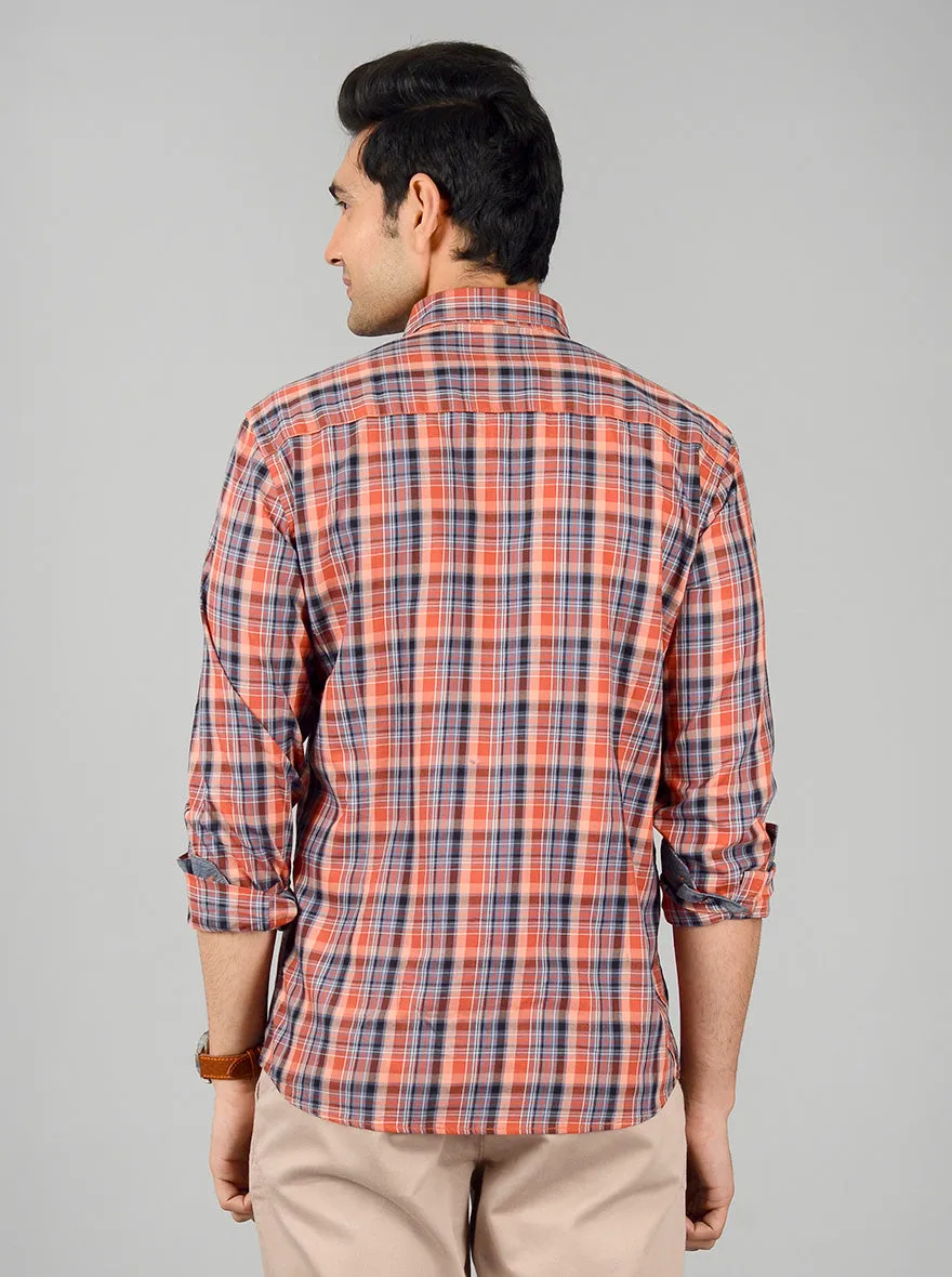 Apricot Orange Checked Slim Fit Casual Shirt | JadeBlue