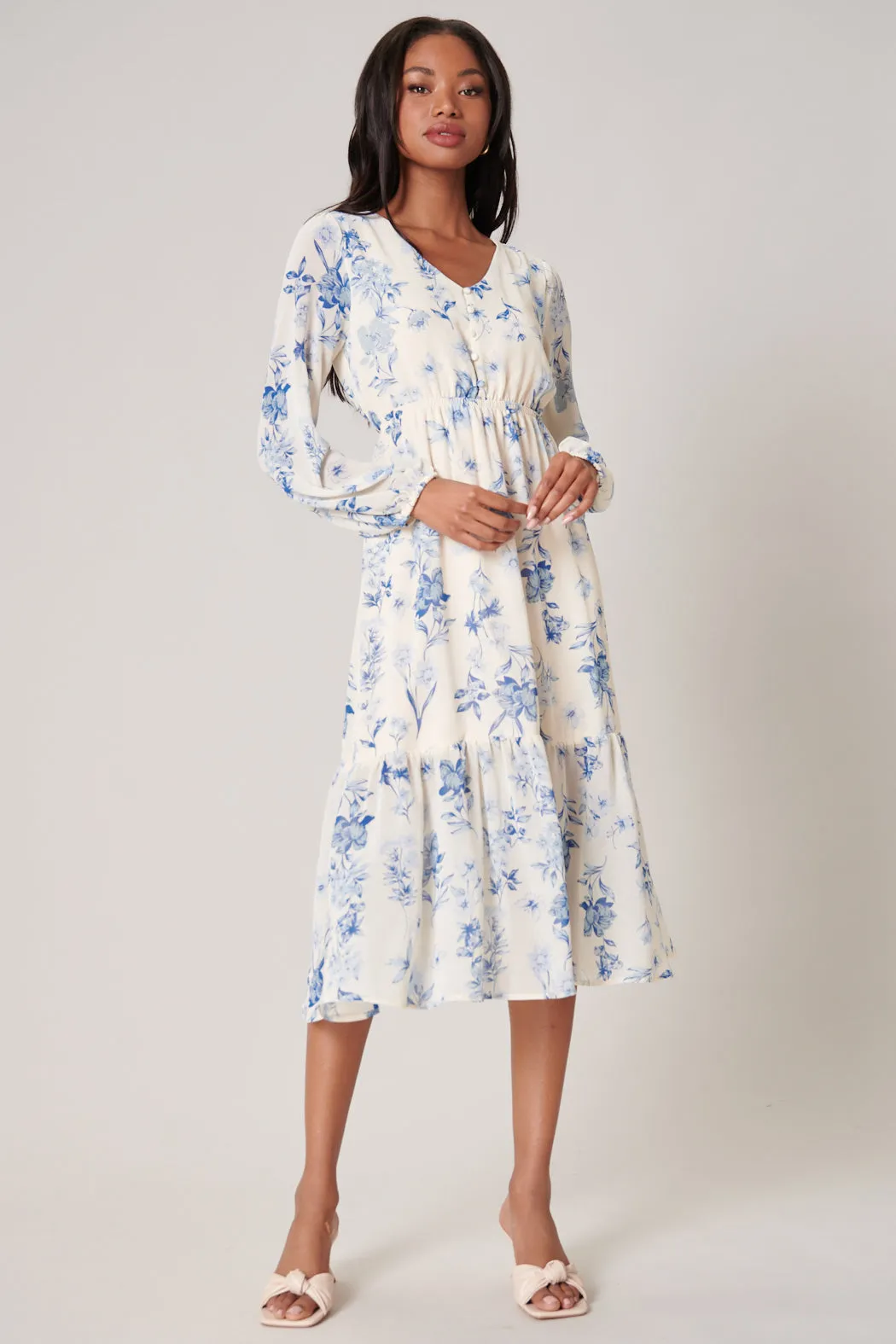 April Blue Floral Nellie Ruffle Midi Dress