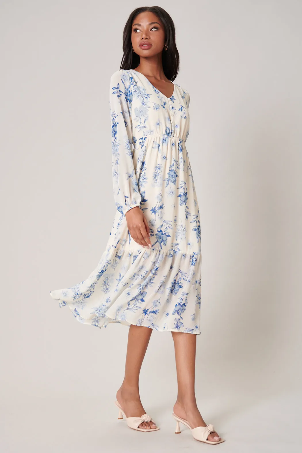 April Blue Floral Nellie Ruffle Midi Dress