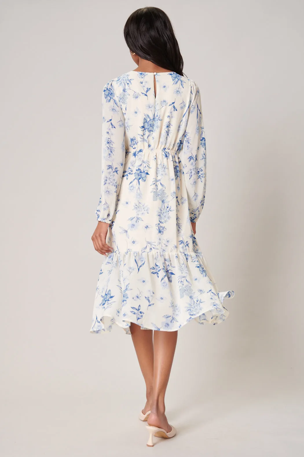 April Blue Floral Nellie Ruffle Midi Dress