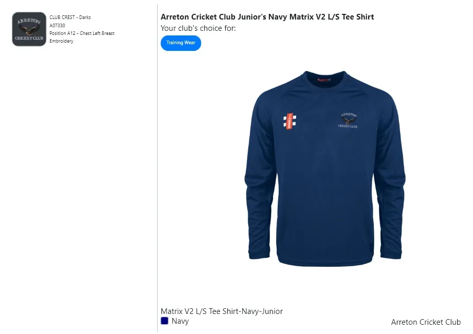 Arreton Cricket Club Junior's Navy Matrix V2 L/S Tee Shirt