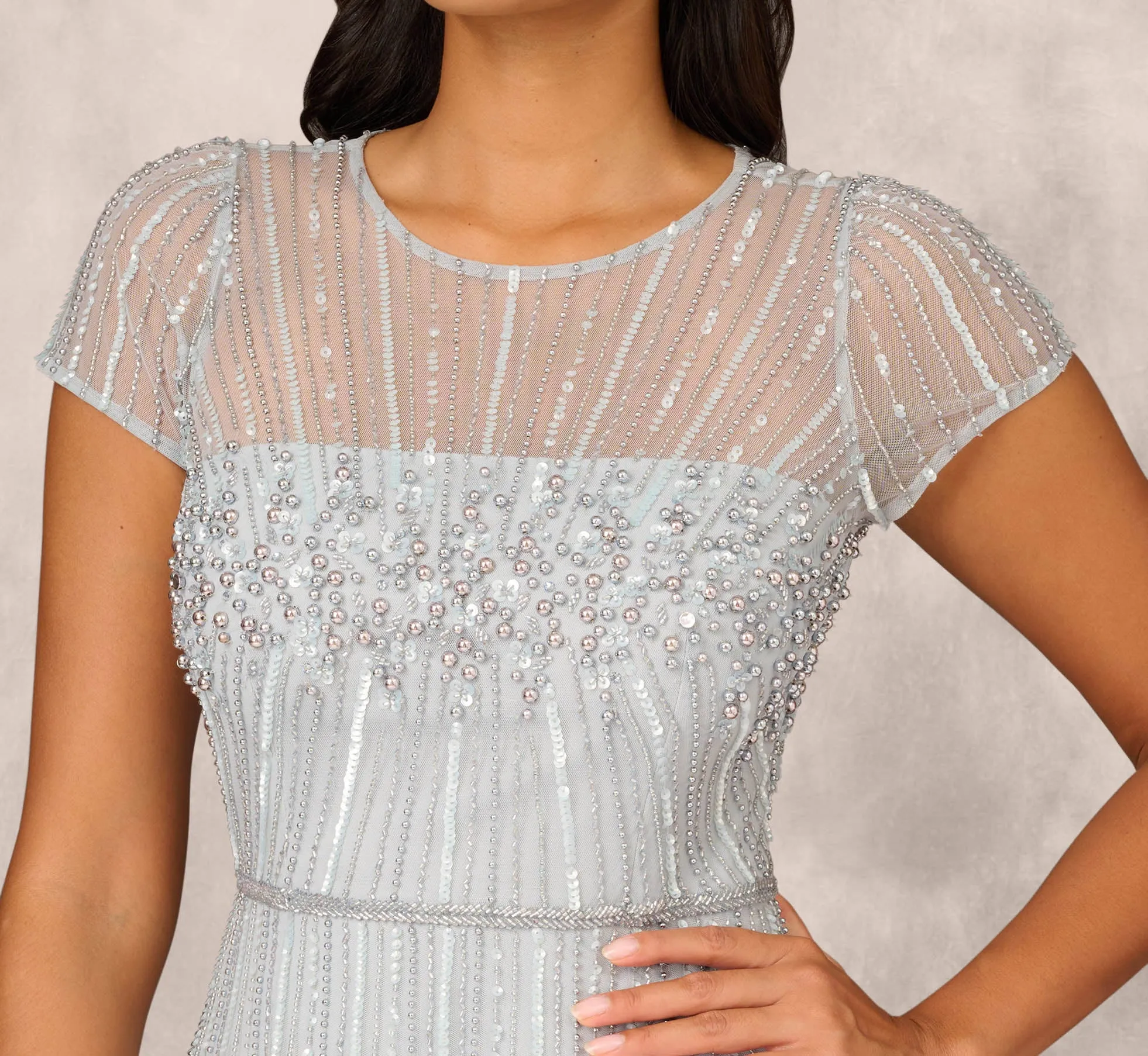 Beaded Short Sleeve Midi Dress With Sheer Details In Snow Globe