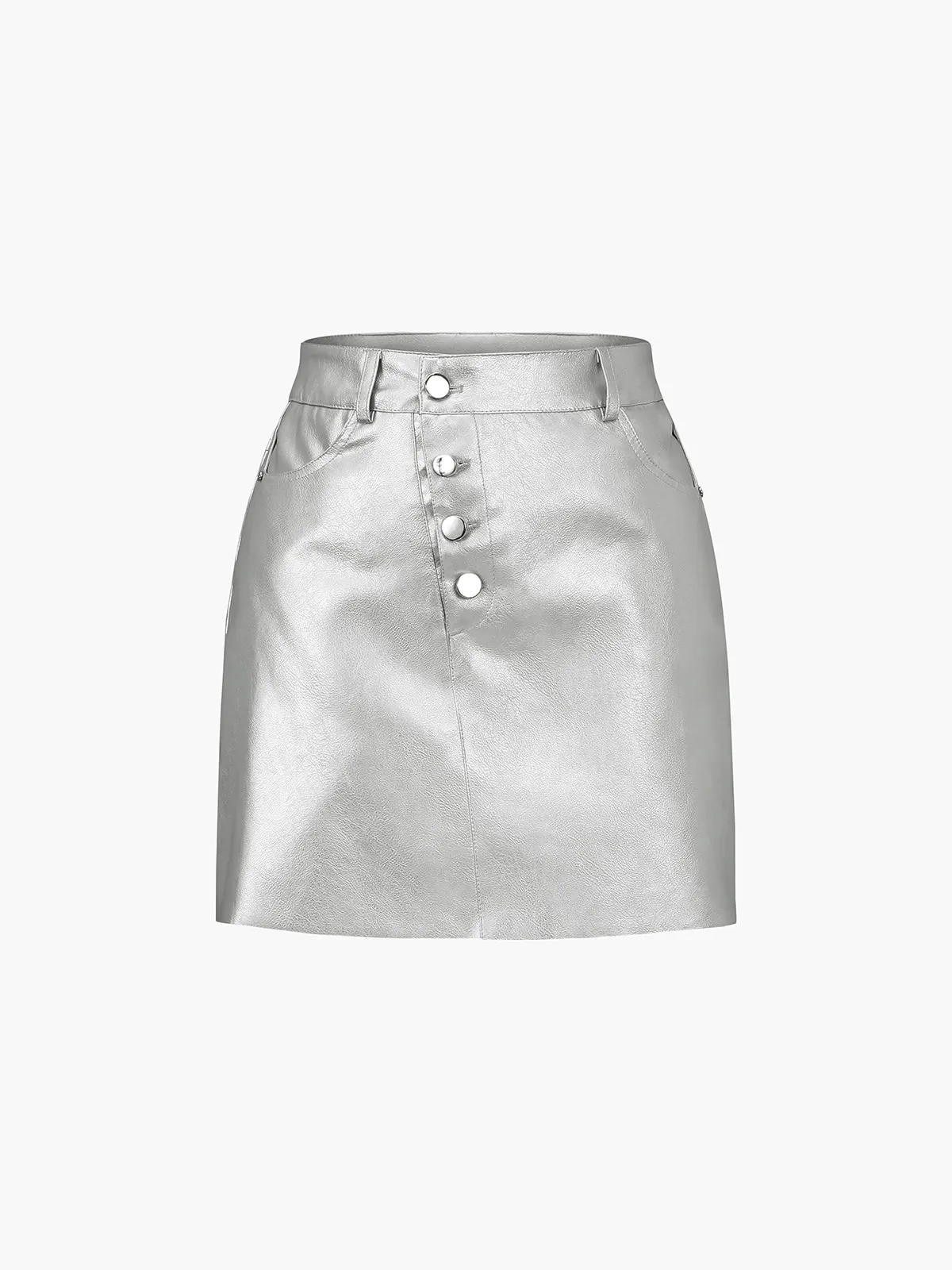 BerryBetty - Asymmetric Buttoned Metallic Leather Mini Skirt