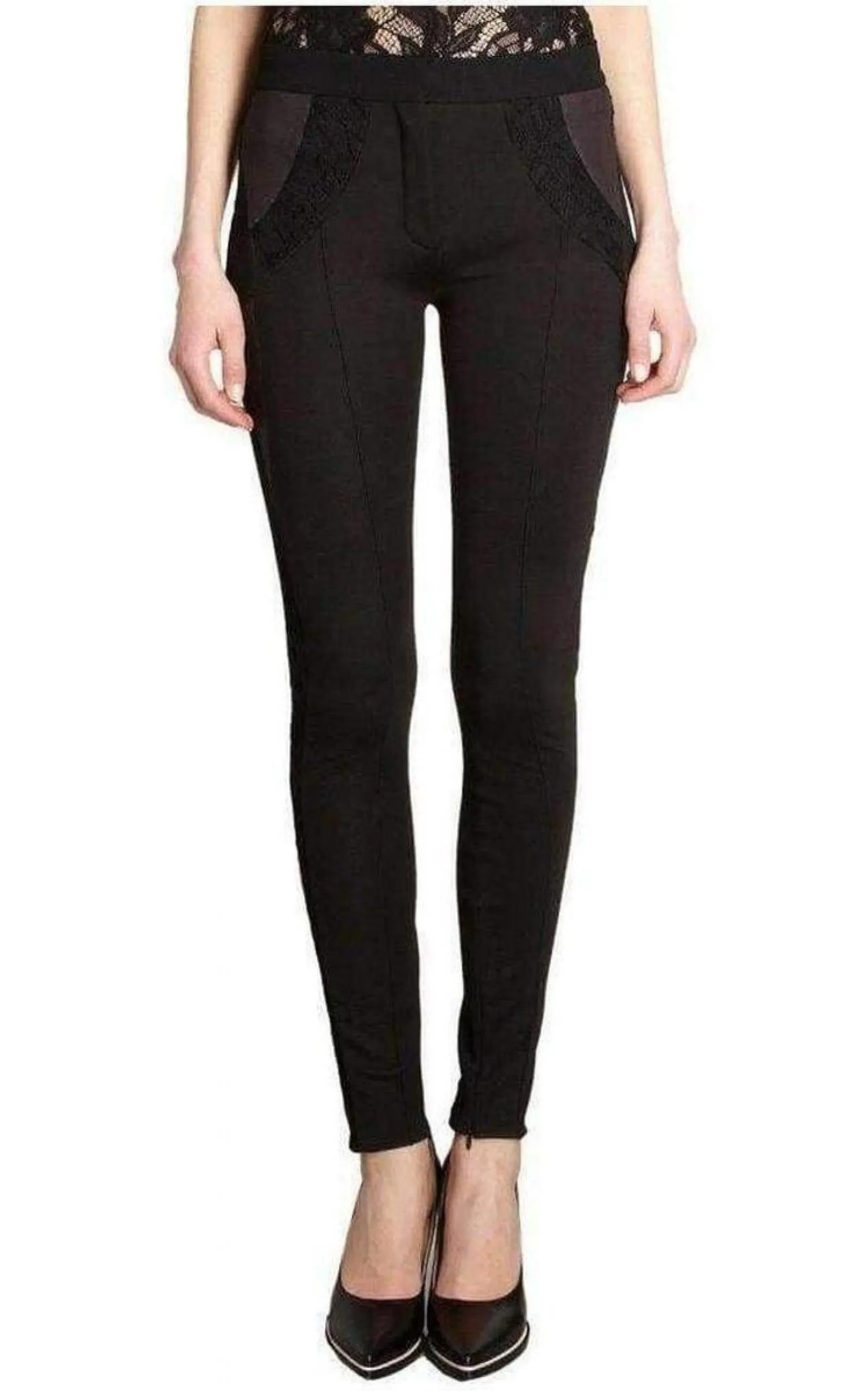 Black Lace Trim Wool Leggings Trousers