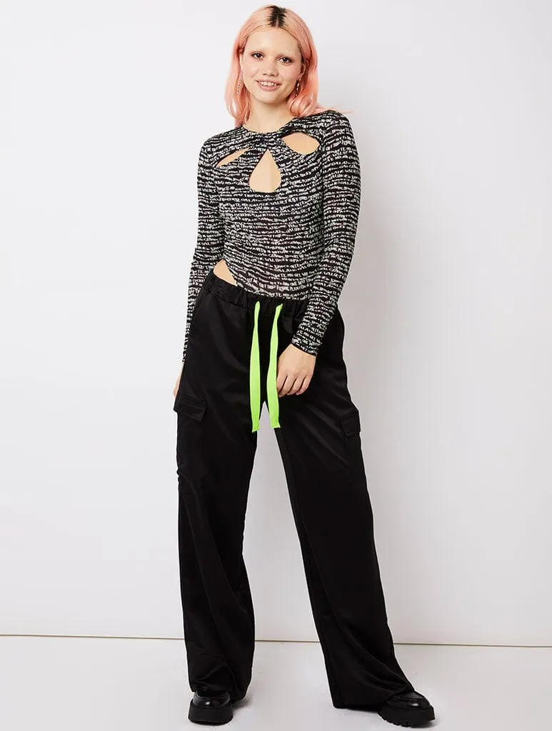 Black Satin Cargo Trousers