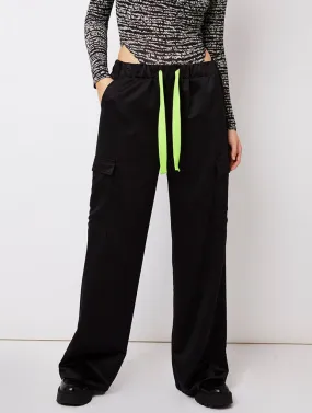 Black Satin Cargo Trousers