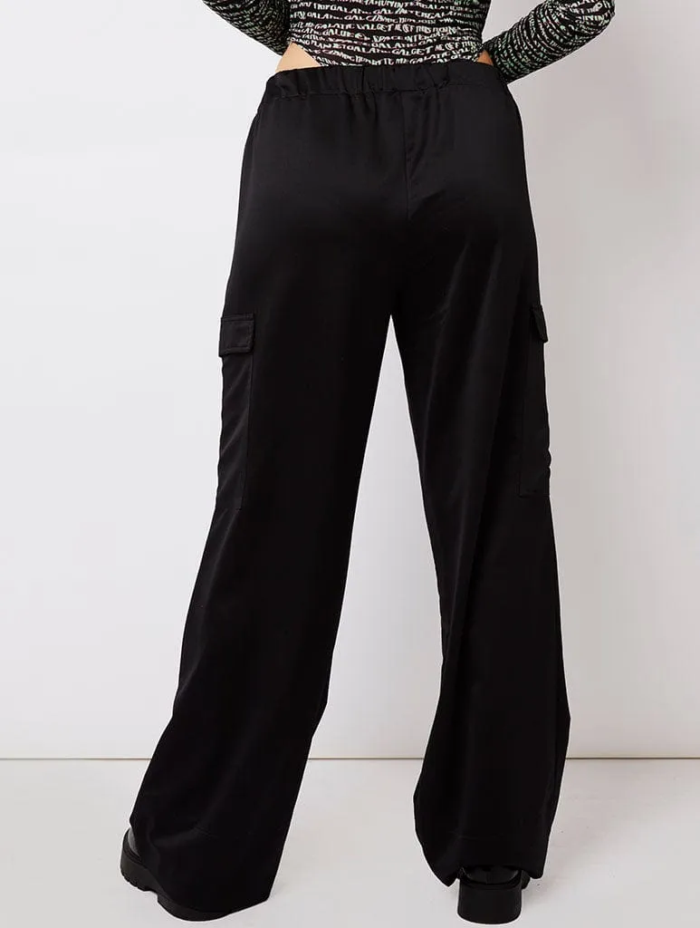 Black Satin Cargo Trousers