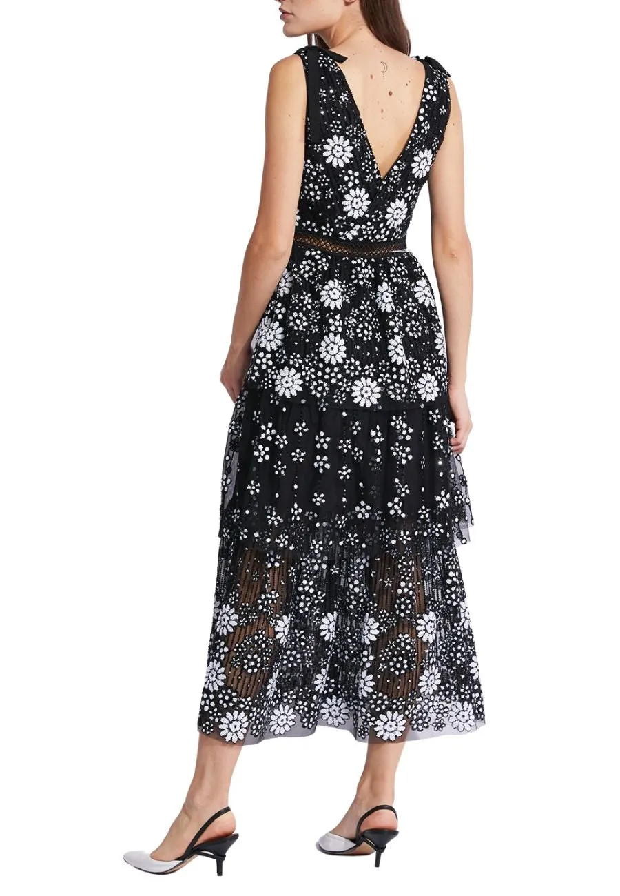 Black Starlet Deco V-neck Sequins Tiered Midi Dress (UK 4)