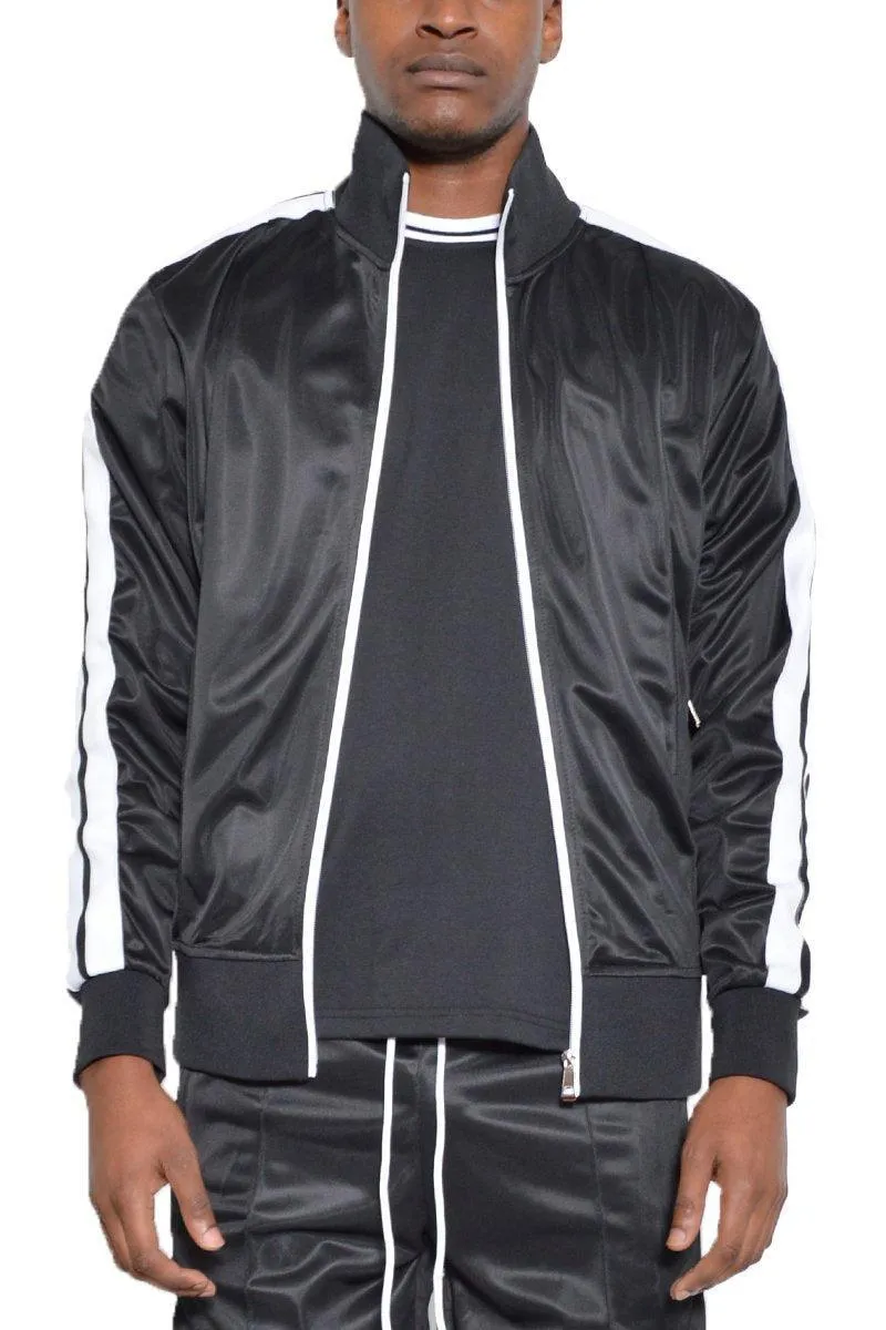 Black White Double Side Stripes Jacket Zip Pockets