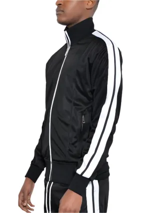 Black White Double Side Stripes Jacket Zip Pockets