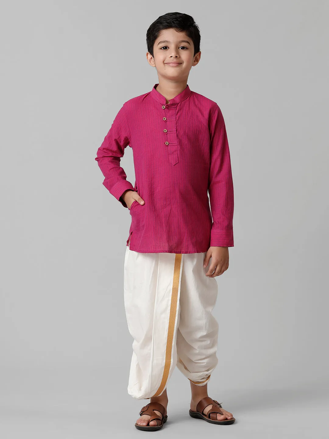 Boys Breeze Cotton Purple Kurta with Cream Elastic Panchakacham Towel Combo COT4