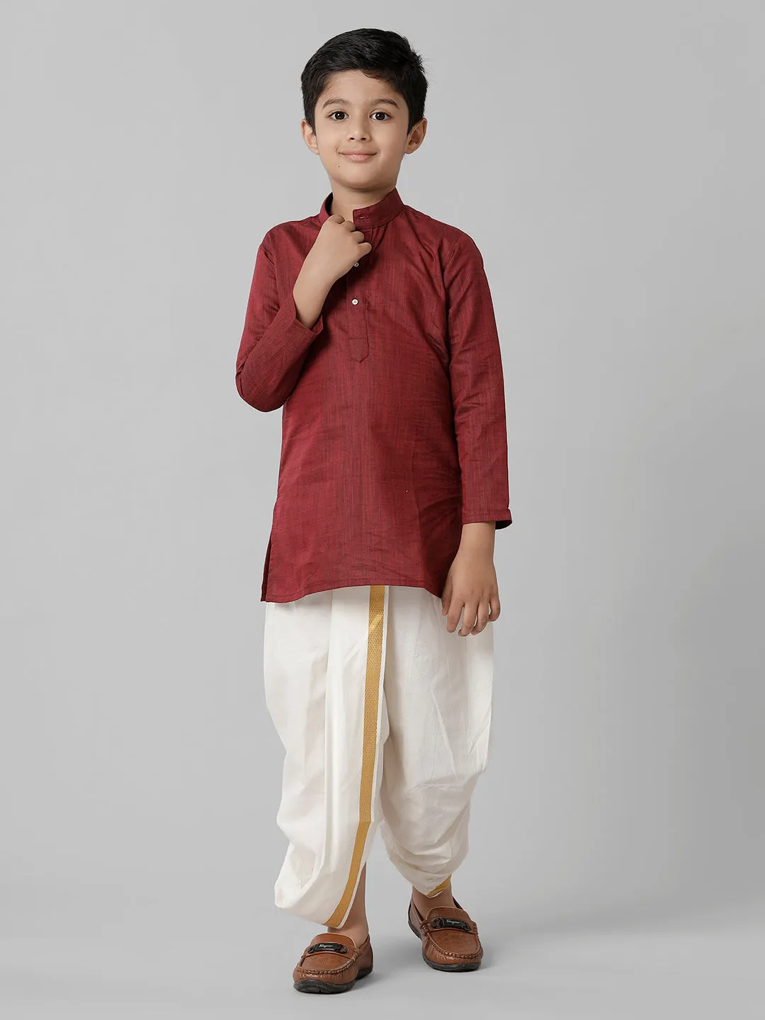 Boys Cotton Maroon Kurta with Cream Elastic Panchakacham Towel Combo FS7