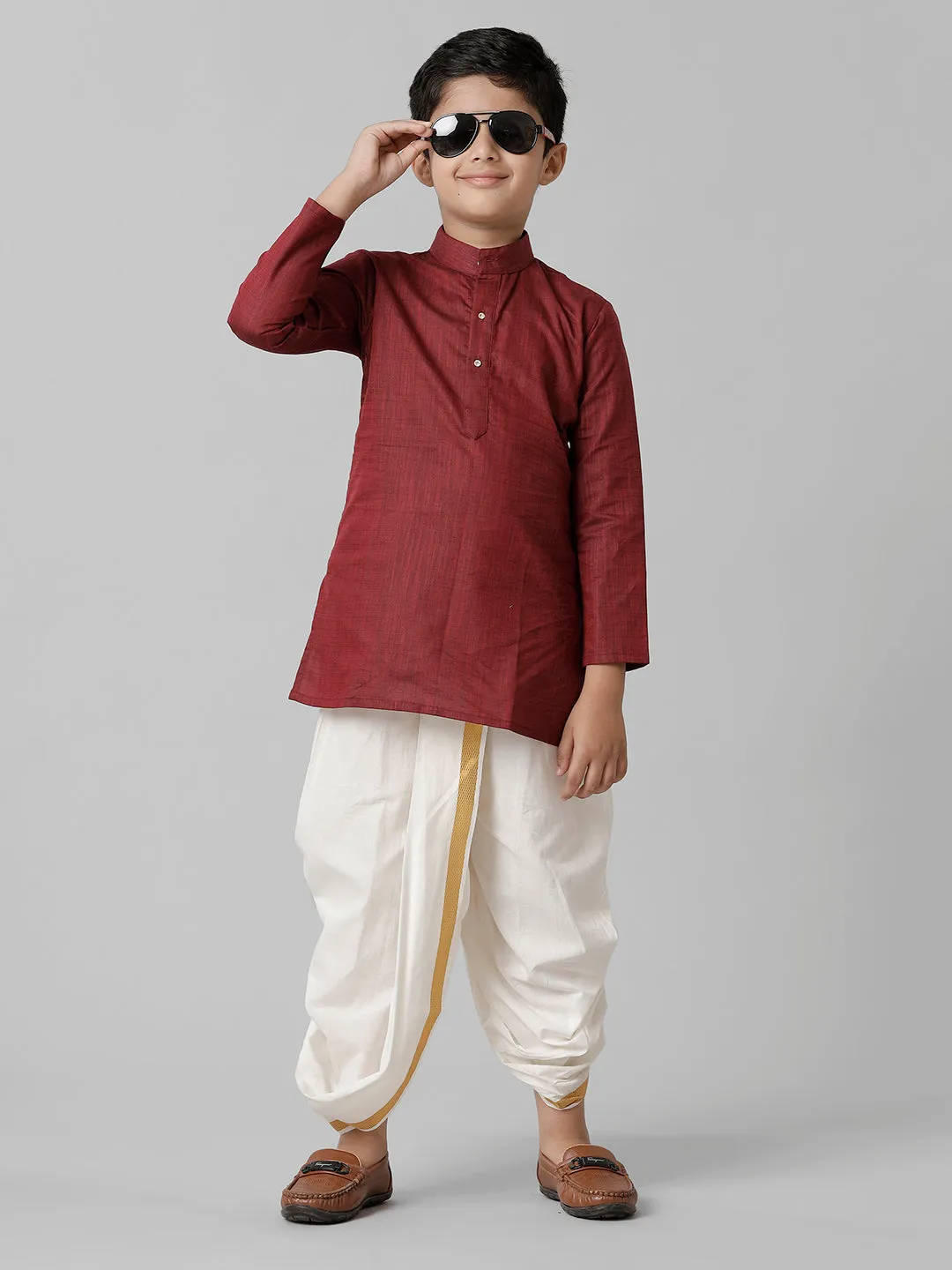 Boys Cotton Maroon Kurta with Cream Elastic Panchakacham Towel Combo FS7