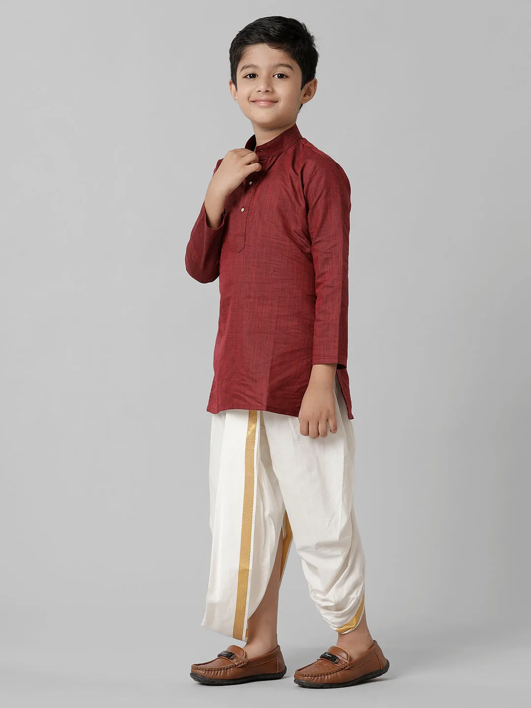 Boys Cotton Maroon Kurta with Cream Elastic Panchakacham Towel Combo FS7