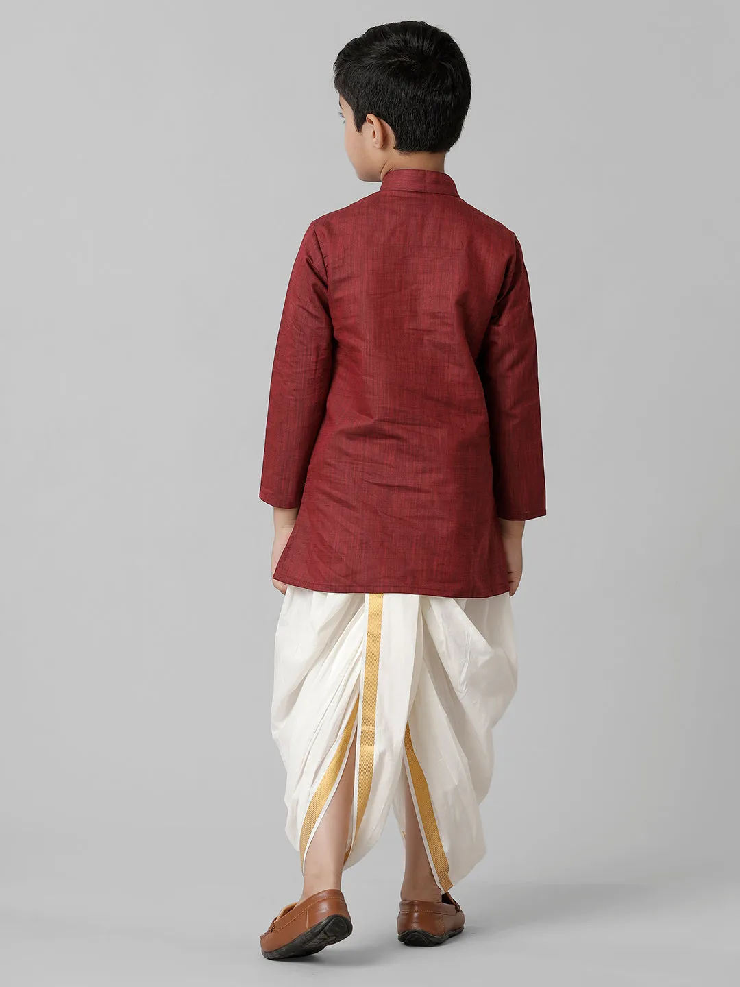 Boys Cotton Maroon Kurta with Cream Elastic Panchakacham Towel Combo FS7