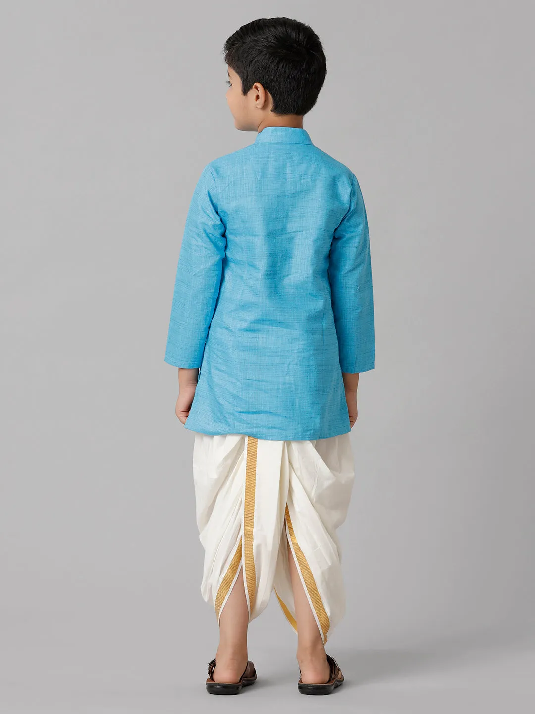 Boys Cotton Sky Blue Kurta with Cream Elastic Panchakacham Towel Combo FS4