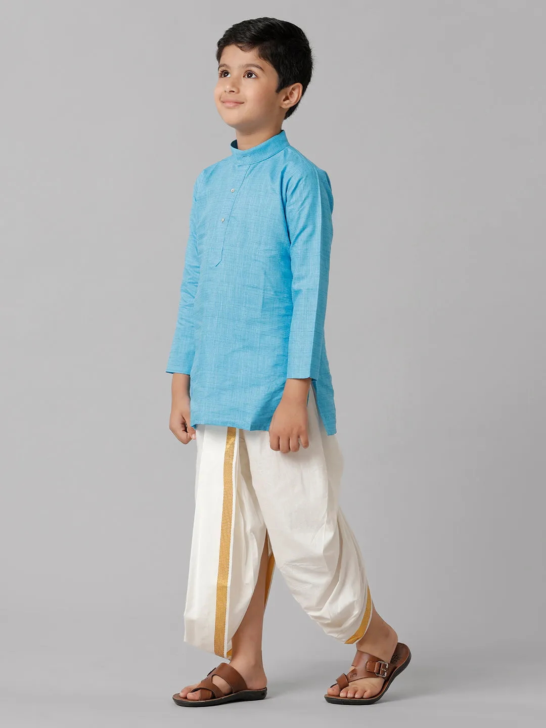 Boys Cotton Sky Blue Kurta with Cream Elastic Panchakacham Towel Combo FS4