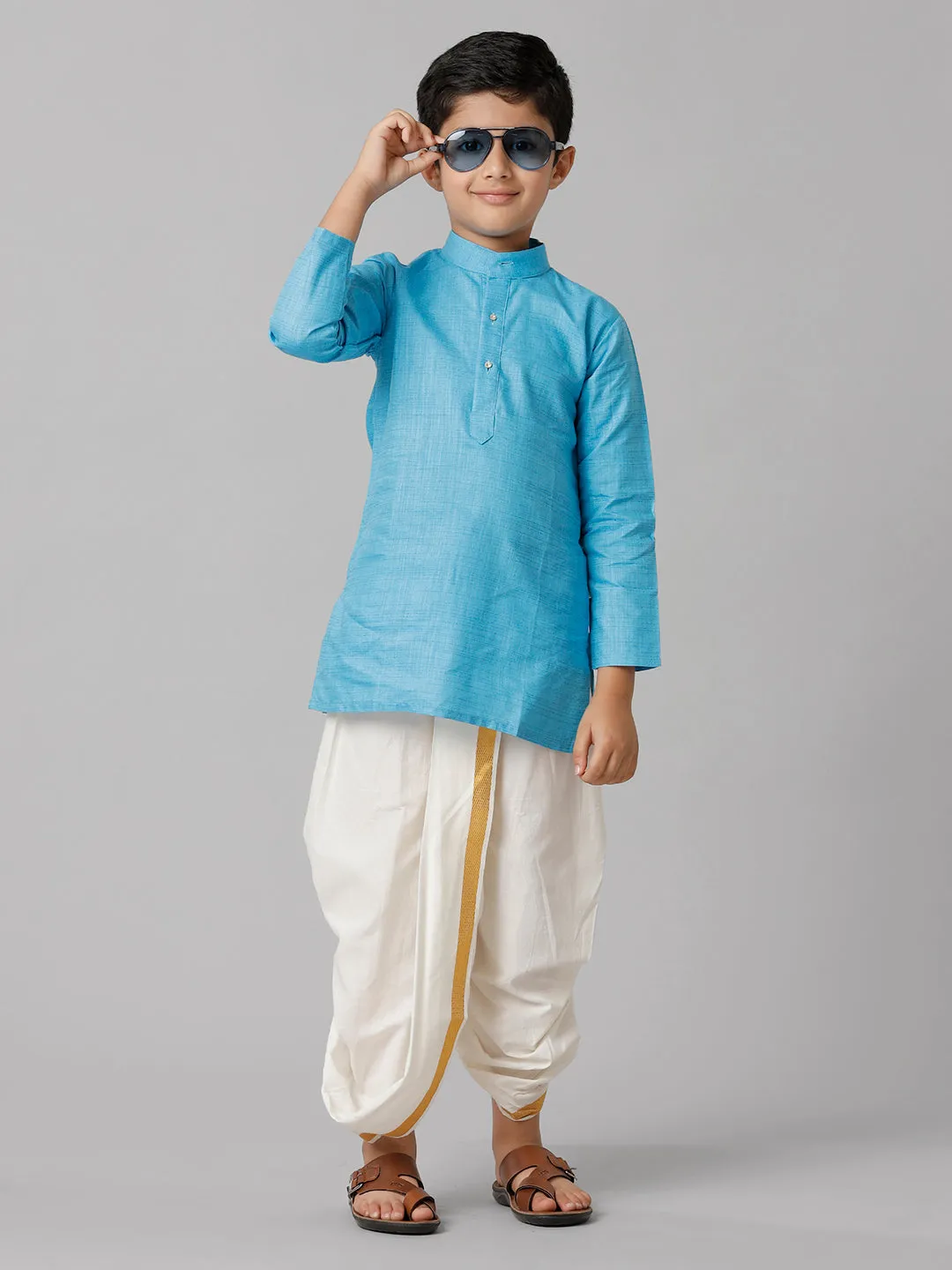 Boys Cotton Sky Blue Kurta with Cream Elastic Panchakacham Towel Combo FS4