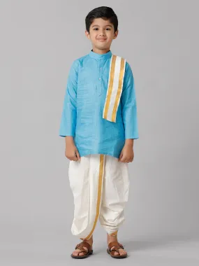 Boys Cotton Sky Blue Kurta with Cream Elastic Panchakacham Towel Combo FS4