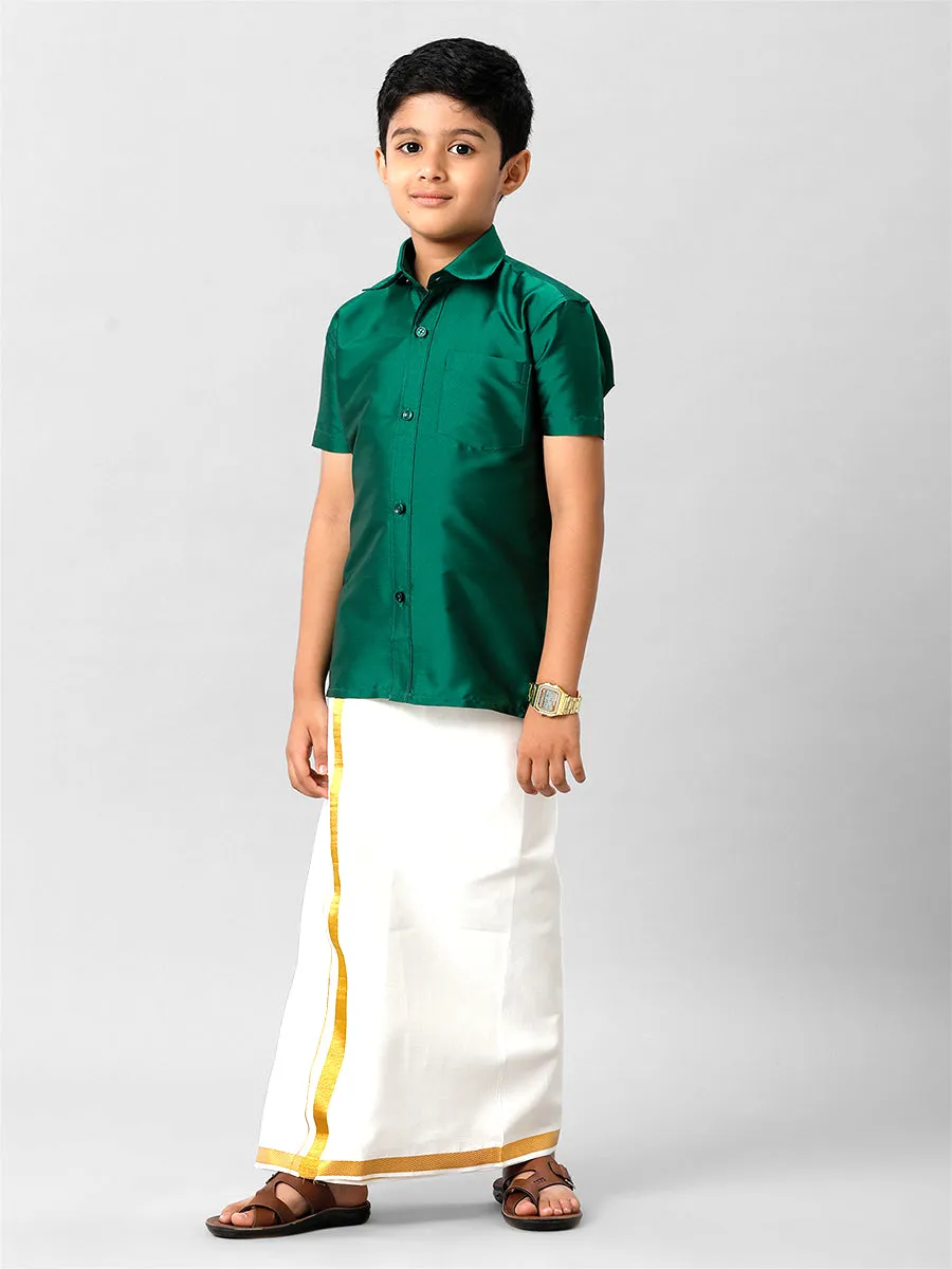 Boys Silk Cotton Dark Green Half Sleeves Shirt K9