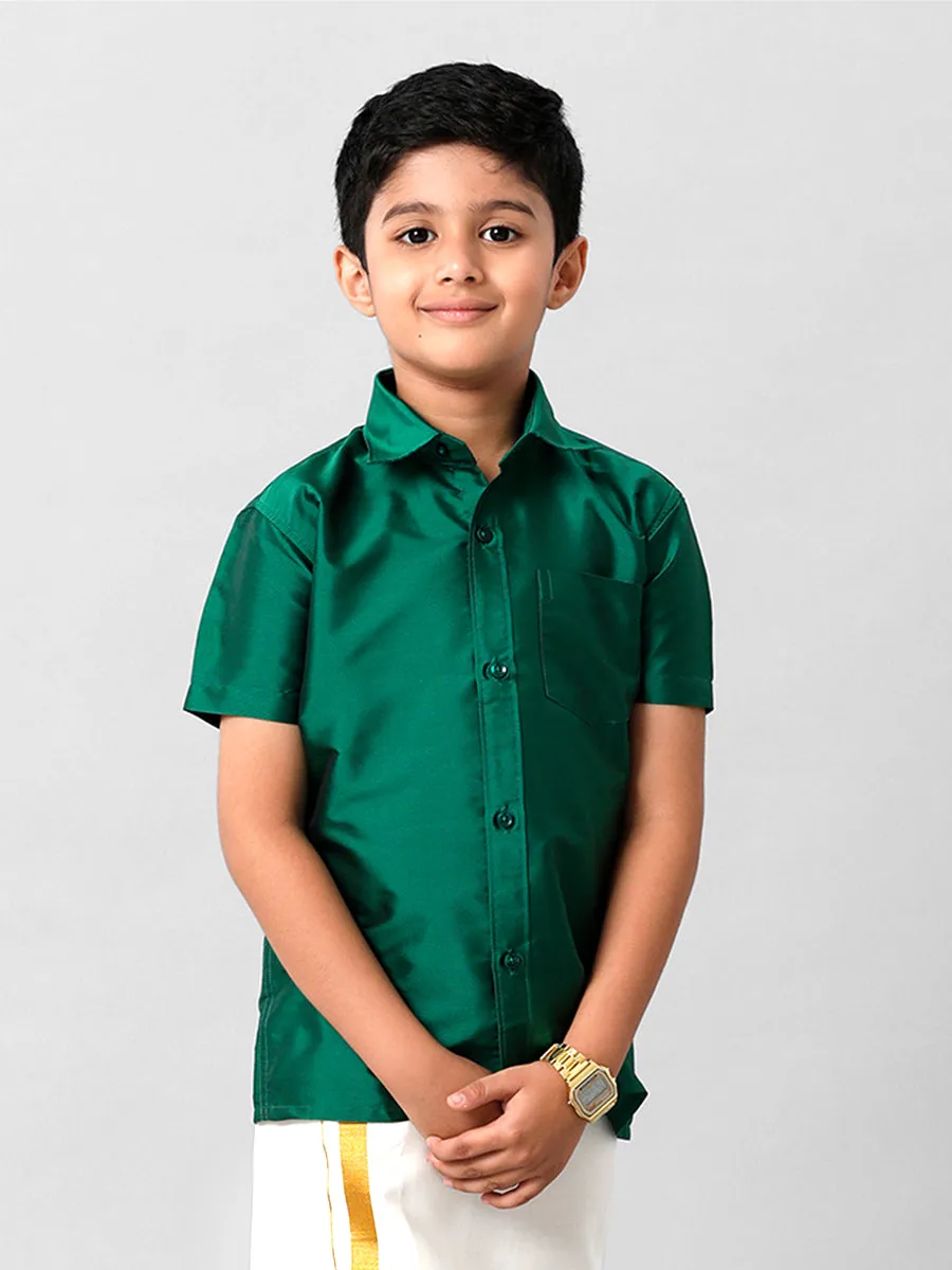 Boys Silk Cotton Dark Green Half Sleeves Shirt K9