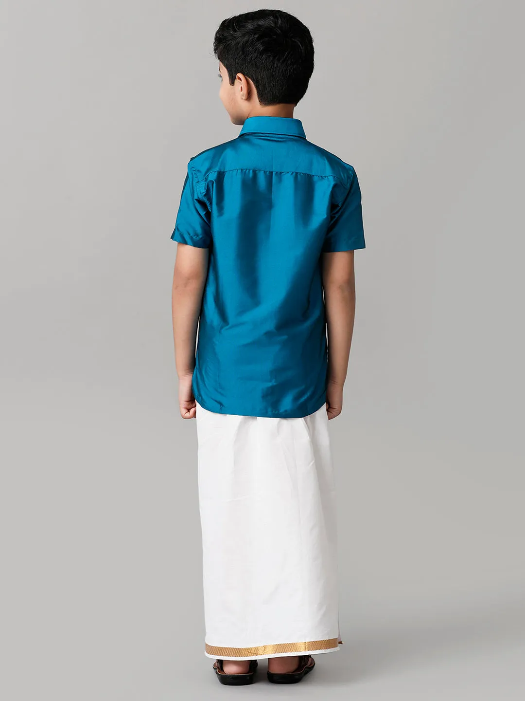 Boys Silk Cotton Light Blue Half Sleeves Shirt with Adjustable White Dhoti Combo K1