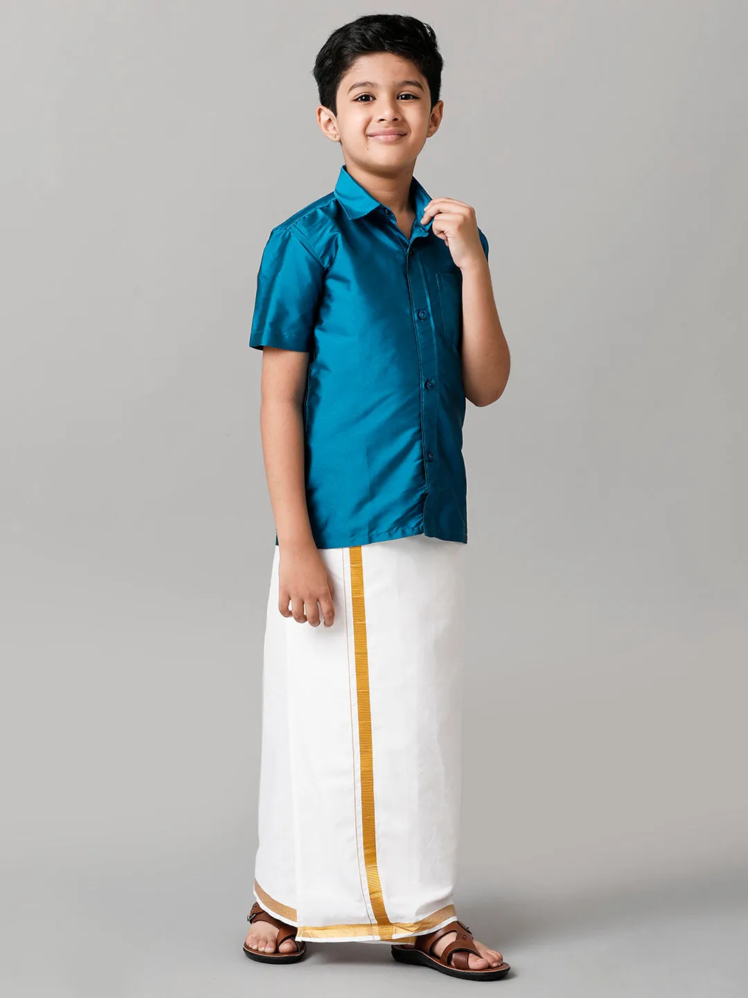 Boys Silk Cotton Light Blue Half Sleeves Shirt with Adjustable White Dhoti Combo K1