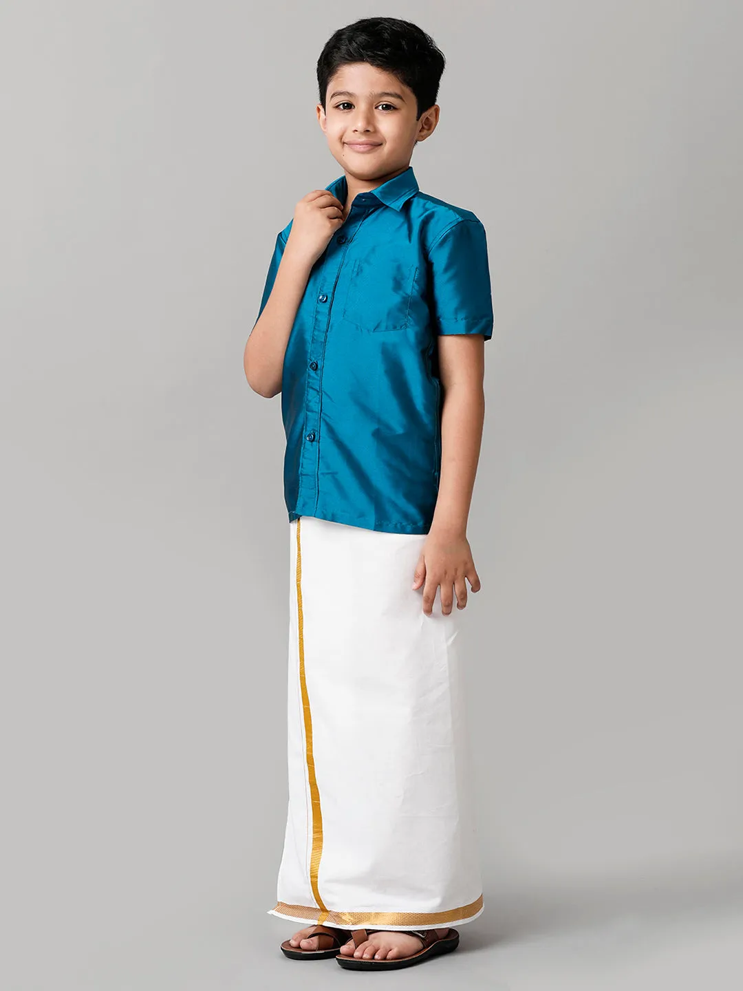 Boys Silk Cotton Light Blue Half Sleeves Shirt with Adjustable White Dhoti Combo K1