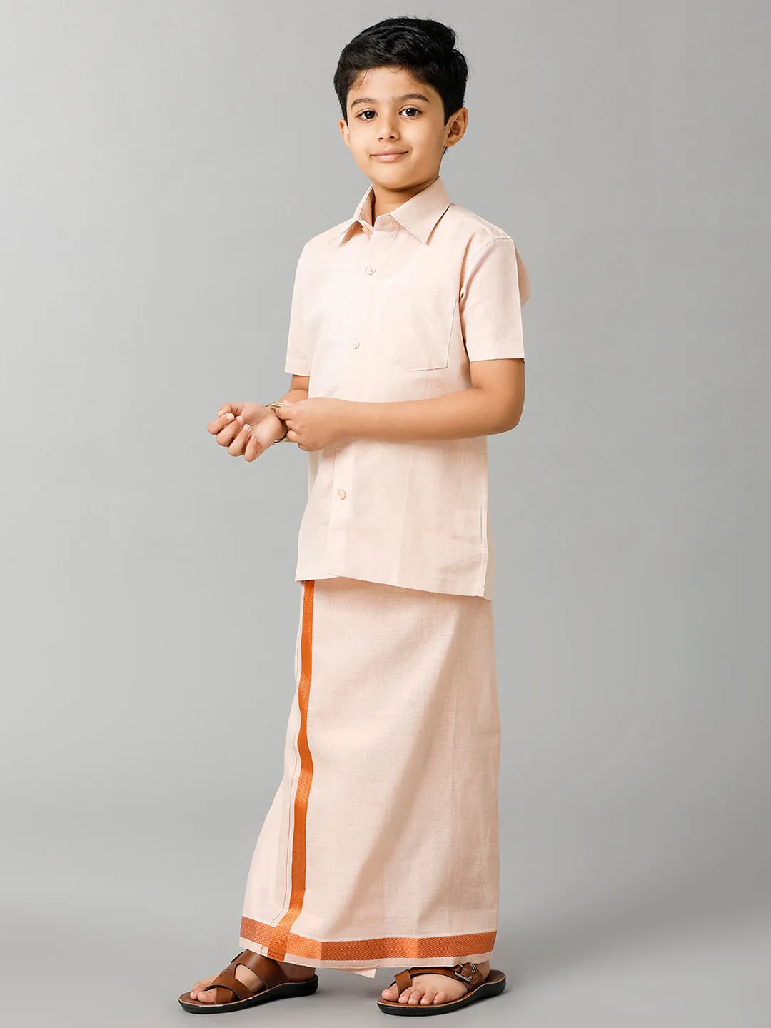 Boys Tissue Jari Half Sleeve Shirt Dhoti Set Sankalpam Copper