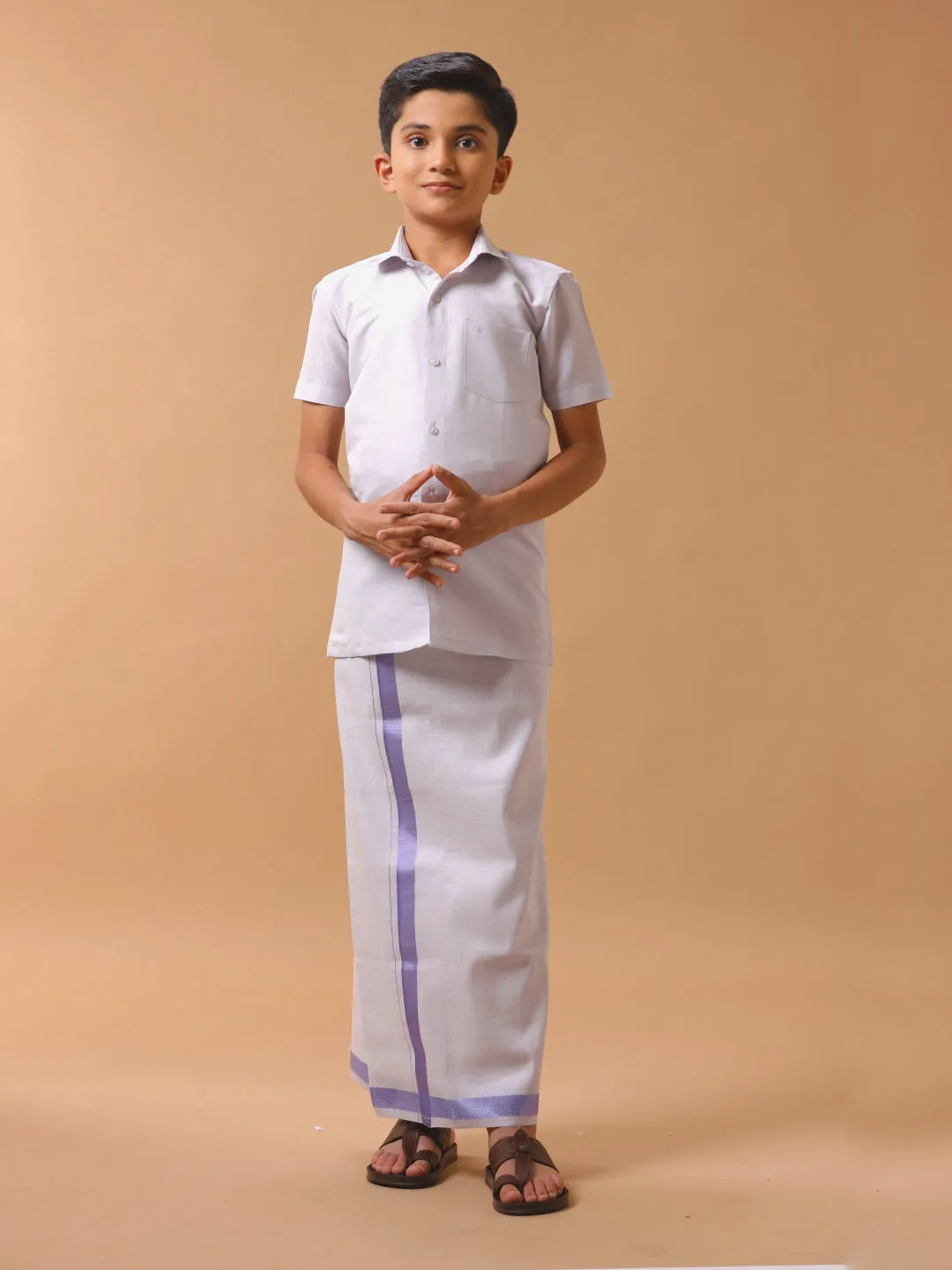 Boys Tissue Jari Half Sleeve Shirt Dhoti Set Sankalpam Lavender